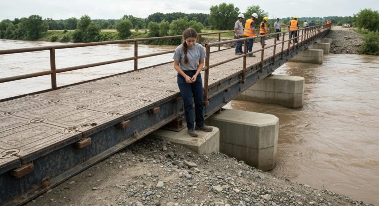 Woman inspecting temporary bridge over a river with construction workers in safety vests, highlighting innovative bridge solutions for infrastructure projects.
