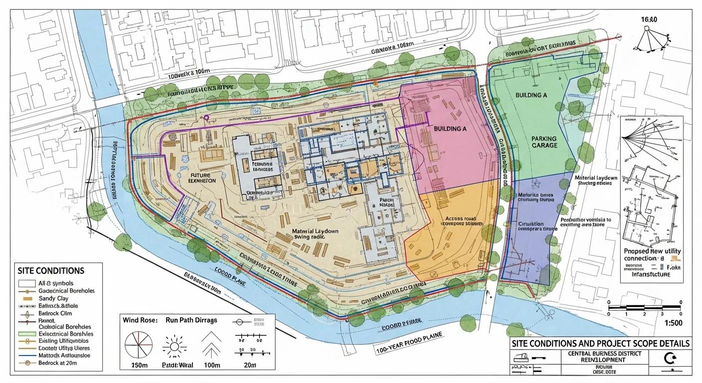 Site plan for a development project, featuring labeled buildings, parking garage, and surrounding landscape, with details on site conditions and proposed utilities.