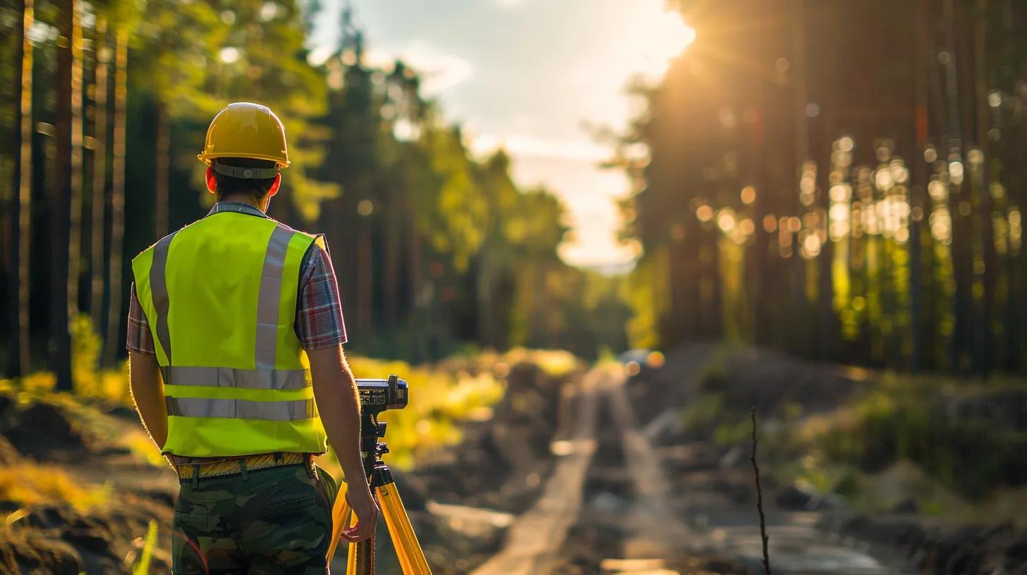 Construction worker in a safety vest and hard hat surveying a forested area with surveying equipment, emphasizing temporary bridge installation guidelines and safety compliance.