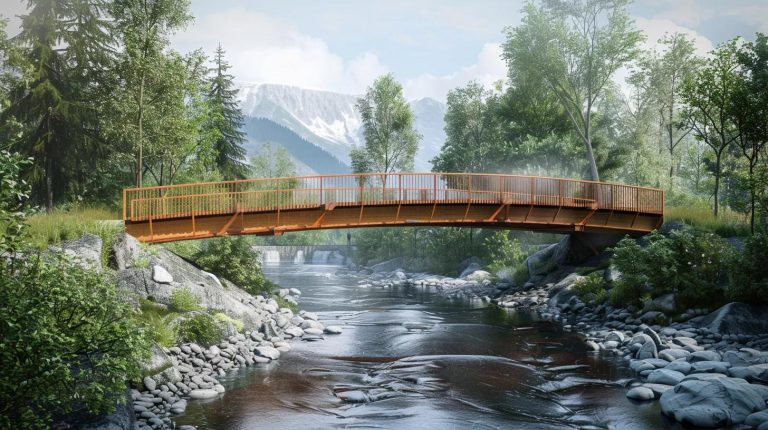 Temporary bridge over a river in a natural landscape, showcasing modern design with orange railings and surrounded by trees and mountains, highlighting versatility in real-world applications.