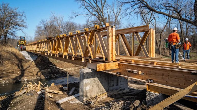 Stress-laminated timber bridge under construction with workers and machinery, showcasing innovative bridge installation techniques relevant to E&H Manufacturing's offerings.
