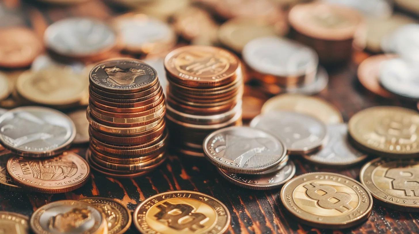 Stack of various coins, including Bitcoin and traditional currency, on a wooden surface, representing financial considerations in temporary bridge solutions.