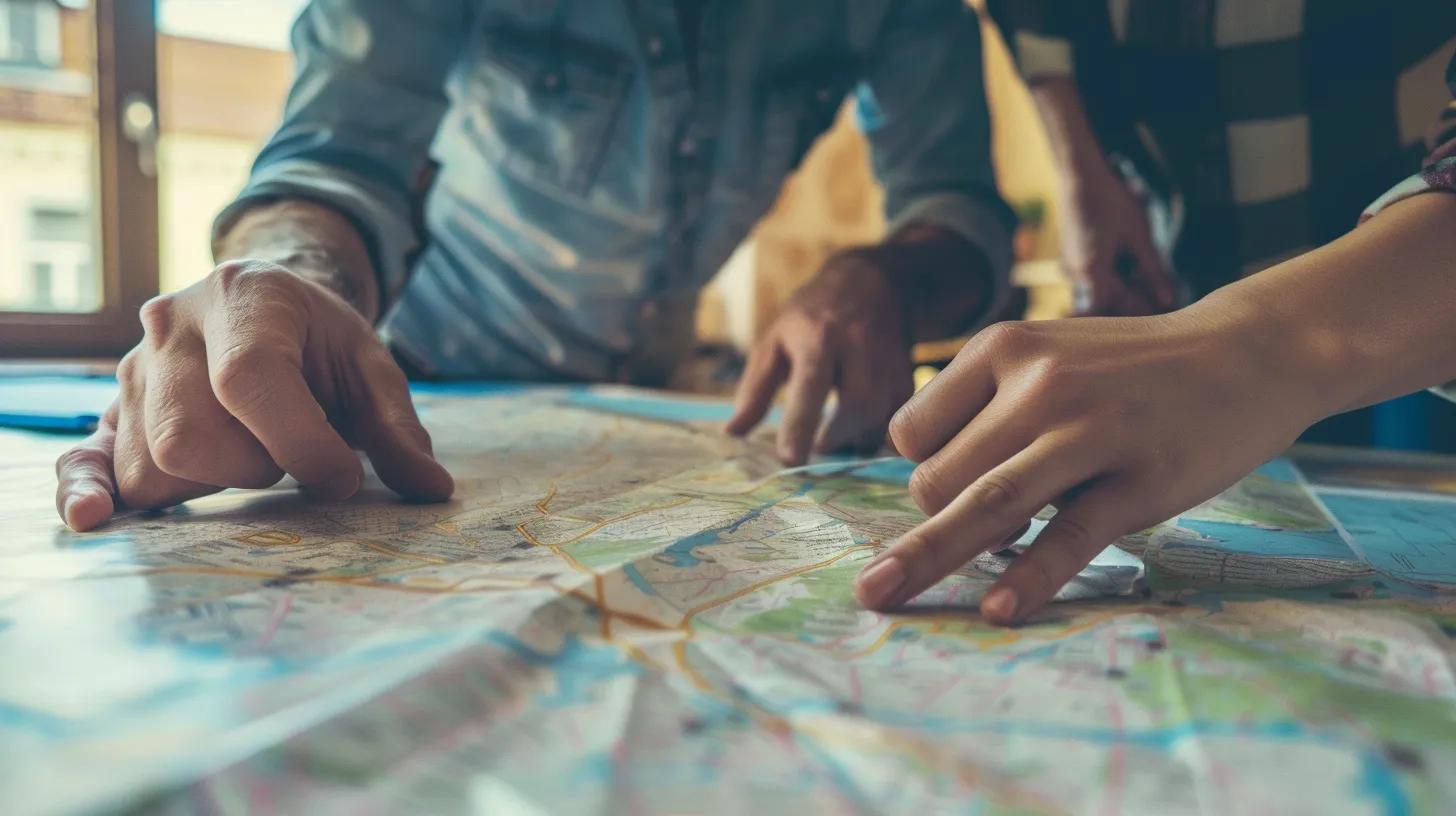 Hands pointing at a detailed map, indicating planning or navigation.