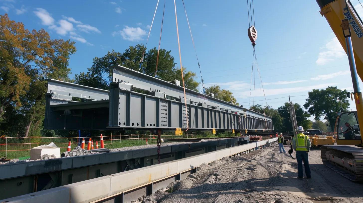Construction workers overseeing the installation of a large steel beam using a crane on a construction site.