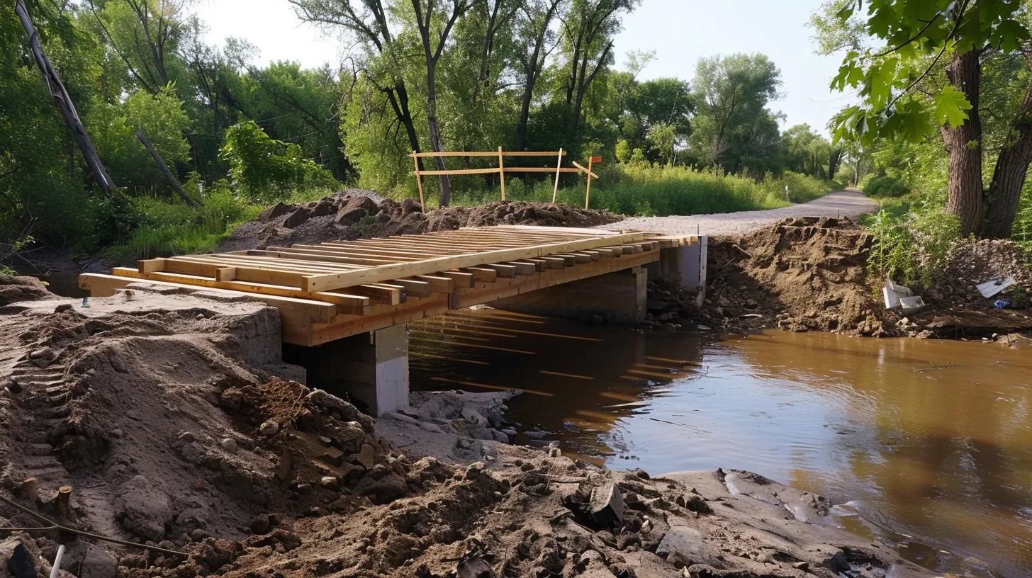 Wooden bridge under construction over a stream, surrounded by earth and vegetation, with a dirt path visible in the background.
