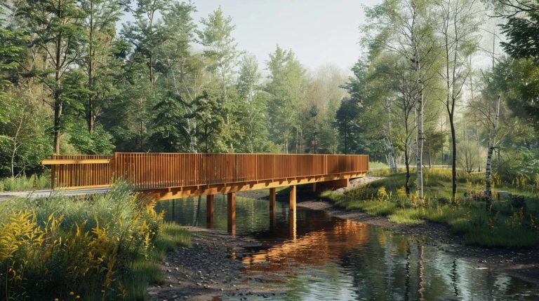 Temporary timber bridge over a serene stream surrounded by lush greenery and trees, emphasizing eco-friendly design and sustainability in engineering.