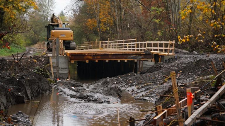 Temporary timber bridge under construction in a natural setting, showcasing eco-friendly design and surrounding muddy terrain.