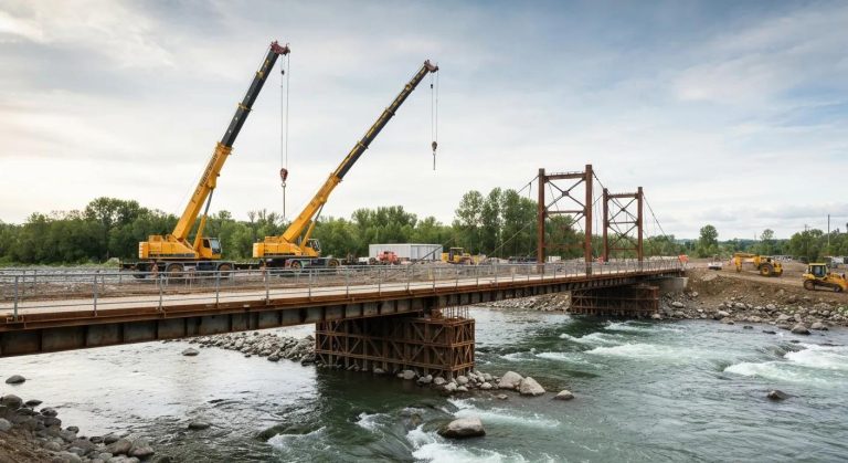 Cranes lifting components for temporary bridge construction over a river, showcasing industrial equipment and engineering in action.