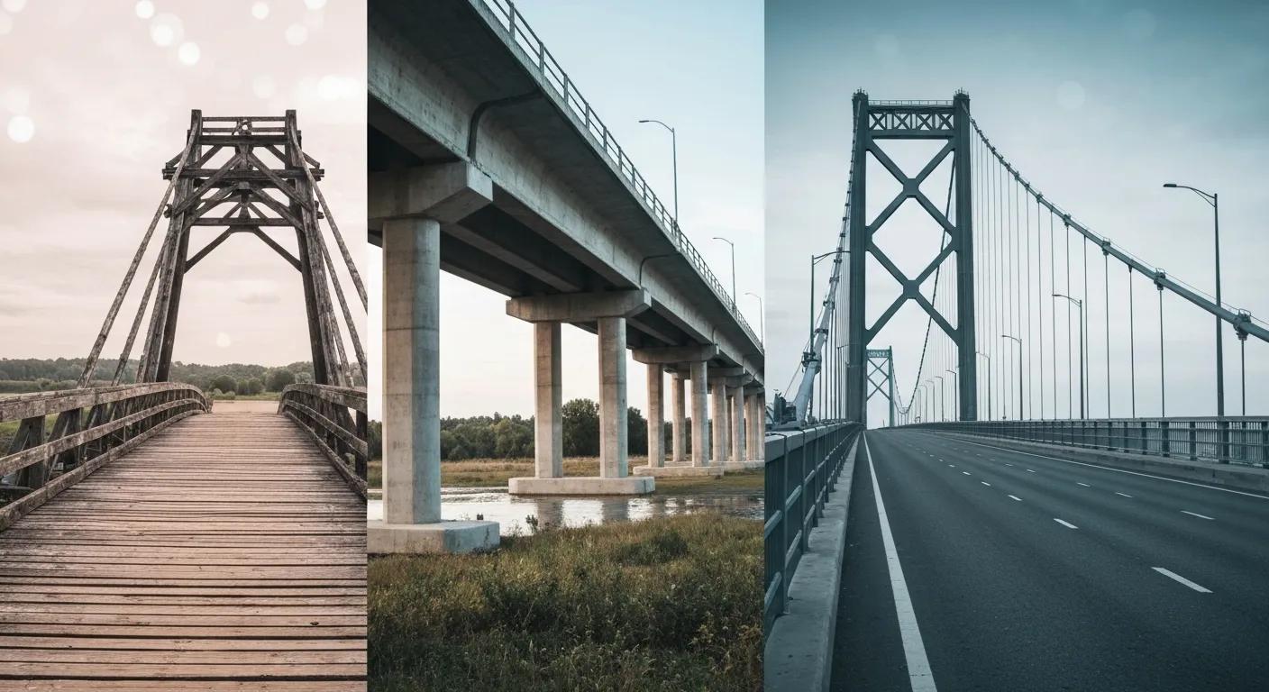Wooden, concrete, and suspension bridges showcasing various temporary bridge designs, highlighting durability and material diversity for industrial applications.