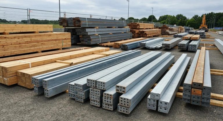 Steel beams and wooden planks stacked at a construction site, showcasing materials for industrial manufacturing and infrastructure projects.