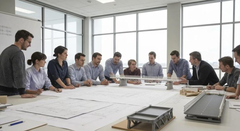 Group of engineers and project managers collaborating over temporary bridge design plans and models, discussing costs and structural requirements for effective project planning.
