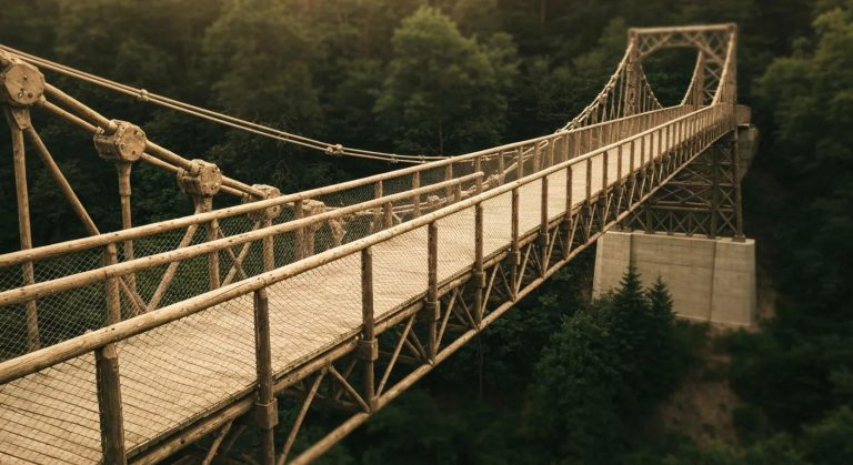 Stress-laminated timber suspension bridge showcasing innovative design for temporary construction solutions.
