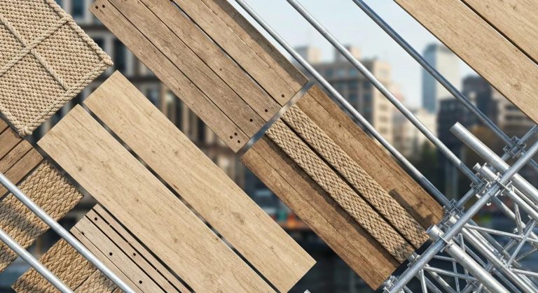 Temporary bridge construction materials featuring stress-laminated timber and rope elements, emphasizing durability and innovative design for construction and disaster recovery.