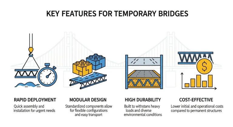 Key features for temporary bridges including rapid deployment, modular design, high durability, and cost-effectiveness, illustrated with icons and text.