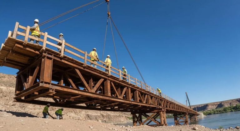 Construction of a temporary stress-laminated timber bridge with workers in safety gear overseeing the installation process near a riverbank.
