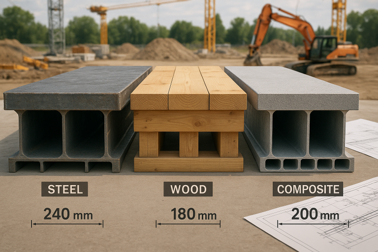 Comparison of steel, wood, and composite bridge materials with dimensions labeled, showcasing construction site background and emphasizing material choices for temporary bridges.