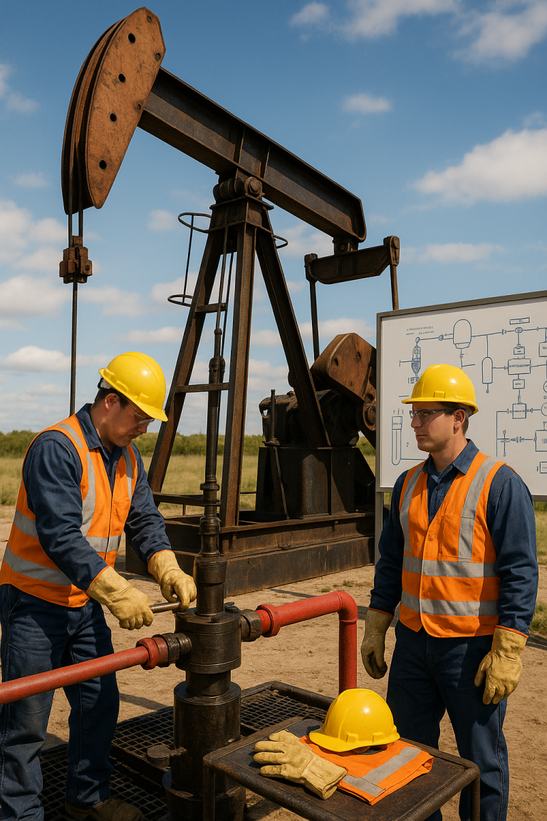 Workers in safety gear operating a pumpjack with a schematic board in the background, illustrating oil and gas equipment operation techniques.