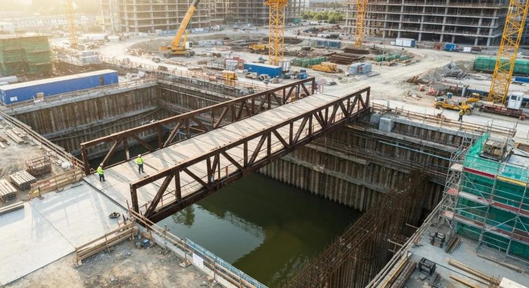 Construction site featuring a temporary bridge over a deep excavation, with workers and machinery, illustrating essential infrastructure for construction projects.