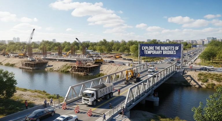 Temporary stress laminated bridge over a river, construction site with cranes and vehicles, sign reading "Explore the Benefits of Temporary Bridges," showcasing infrastructure innovation and efficiency.
