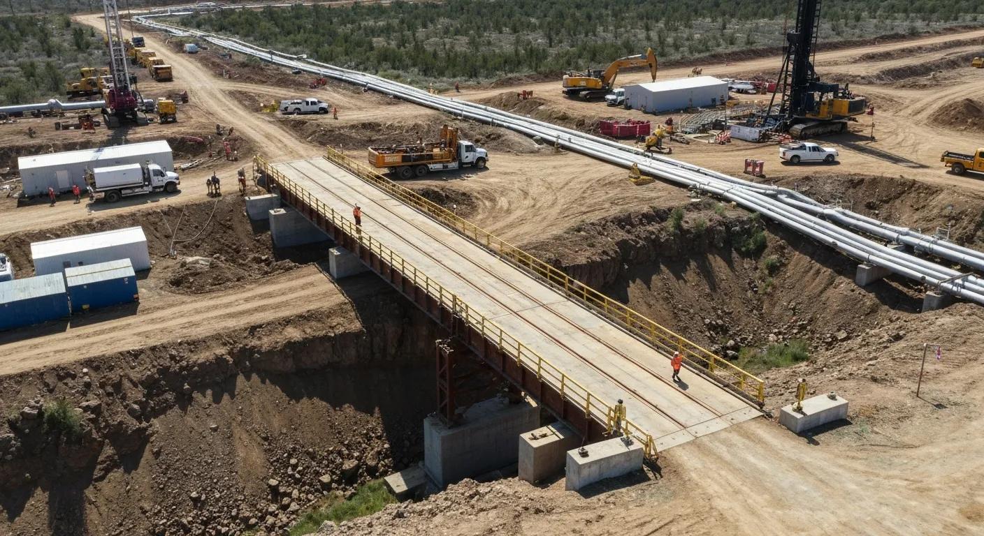 Construction site featuring a bridge over a trench, heavy machinery, and workers in safety gear, with pipelines and vehicles in the background.