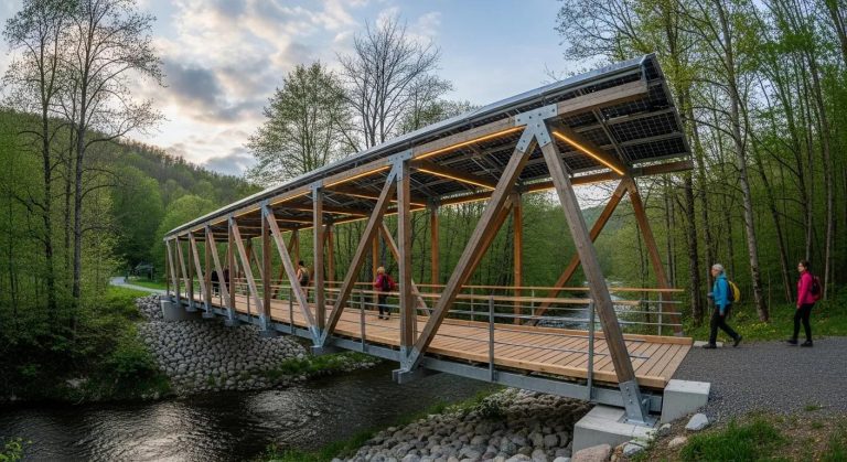 Temporary stress-laminated bridge with solar panels, surrounded by greenery and people walking, illustrating eco-friendly construction solutions for project access.