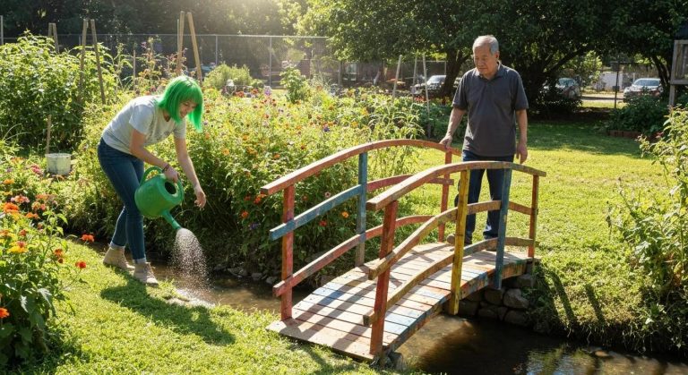 Person watering flowers with a green watering can near a colorful temporary wooden bridge in a garden setting, emphasizing outdoor construction solutions and landscaping design.