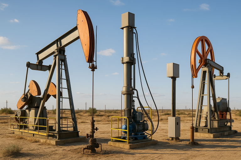 Pumpjacks in an oilfield setting, showcasing different designs for oil extraction, relevant to industrial equipment and oil and gas operations.