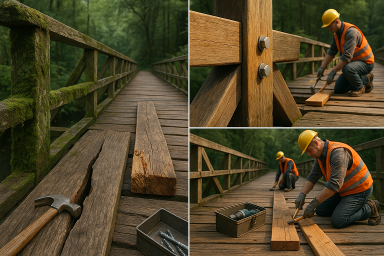 Worker repairing timber bridge with tools, showcasing maintenance strategies for extending lifespan of timber structures.