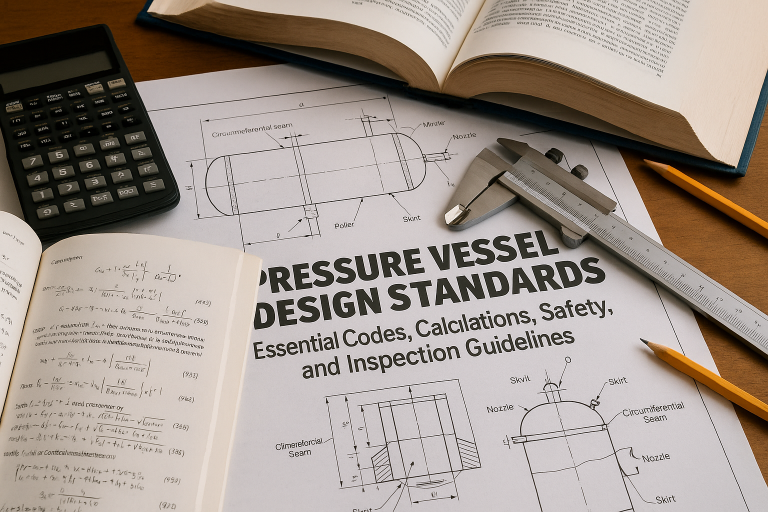 Pressure vessel design standards document with essential codes, calculations, safety, and inspection guidelines, alongside engineering tools like a calculator, caliper, and textbooks.