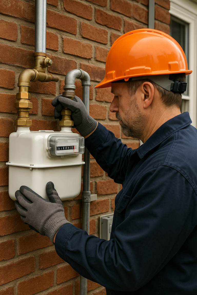 Gas meter installation service in residential setting, technician wearing orange hard hat and gloves adjusting gas meter on brick wall.