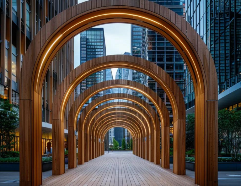 Wooden archway structure with illuminated arches in a modern urban setting, reflecting innovative timber design concepts relevant to sustainable bridge construction.