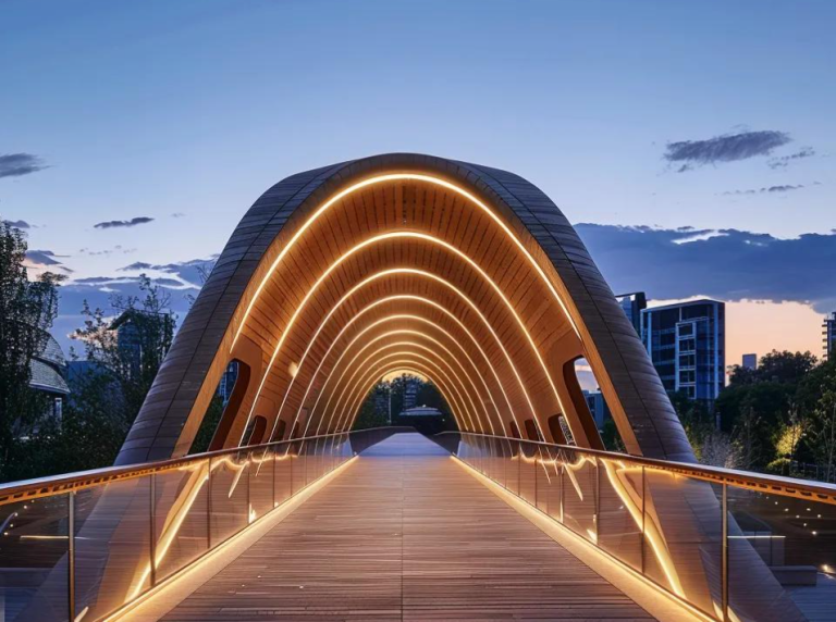 Timber bridge with modern arch design and illuminated features, showcasing innovative engineering and aesthetic appeal in urban landscape.