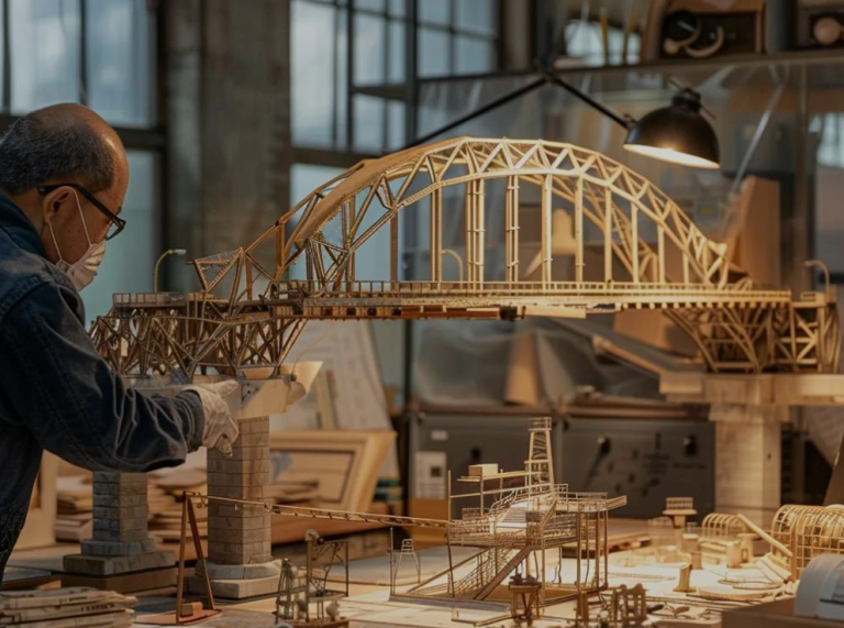 Model of a timber bridge being constructed by a person in a workshop, showcasing industrial design and craftsmanship relevant to E&H Manufacturing's focus on timber bridges and construction equipment.