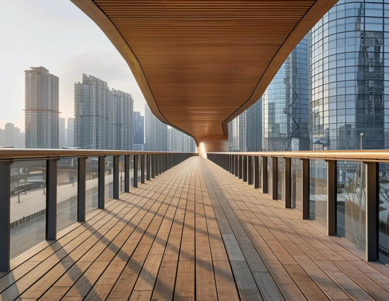 Modern timber bridge walkway with wooden decking and glass railings, surrounded by urban skyscrapers, illustrating innovative design in industrial construction.
