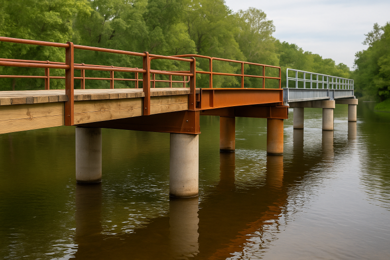 Modular temporary bridge over calm water, featuring a combination of wooden and metal structures, reflecting E&H Manufacturing's focus on innovative bridge solutions for construction projects.