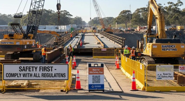 Temporary bridge construction scene highlighting safety and compliance
