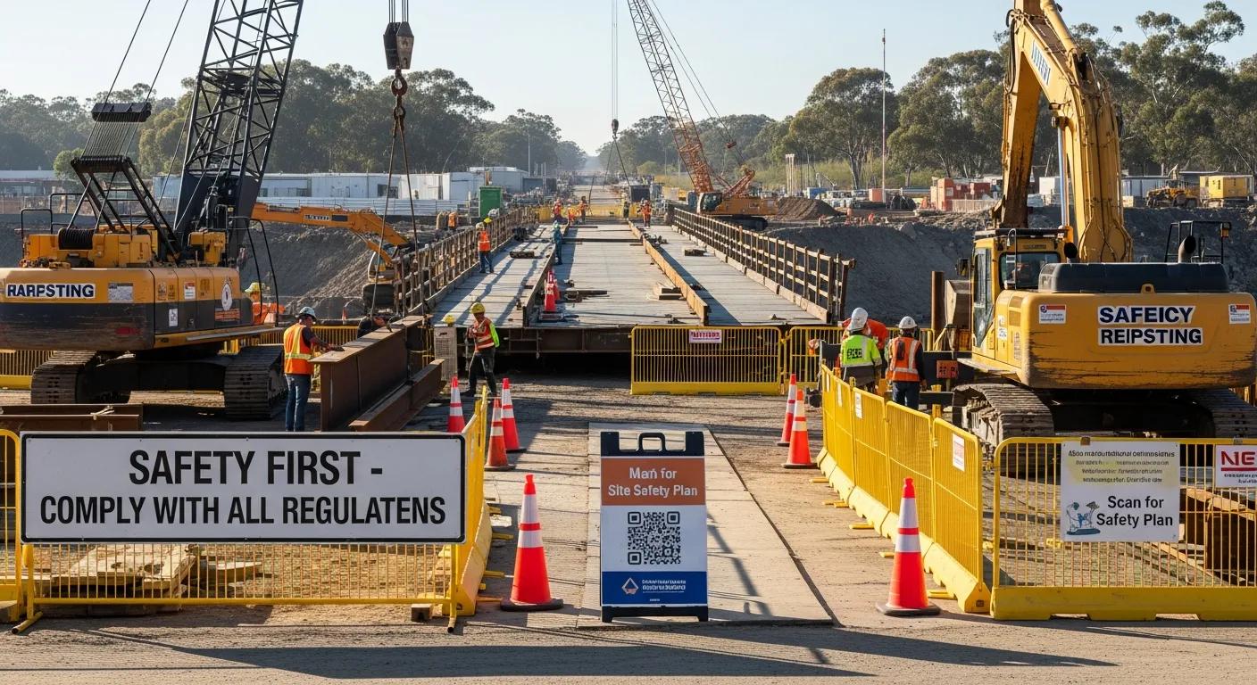 Temporary bridge construction scene highlighting safety and compliance