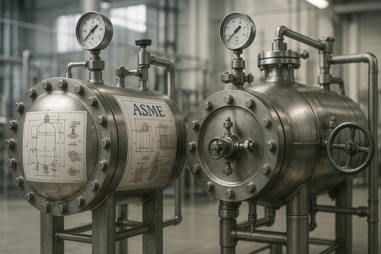 ASME-standard pressure vessels with gauges and detailed schematics, relevant to oil and gas equipment manufacturing.