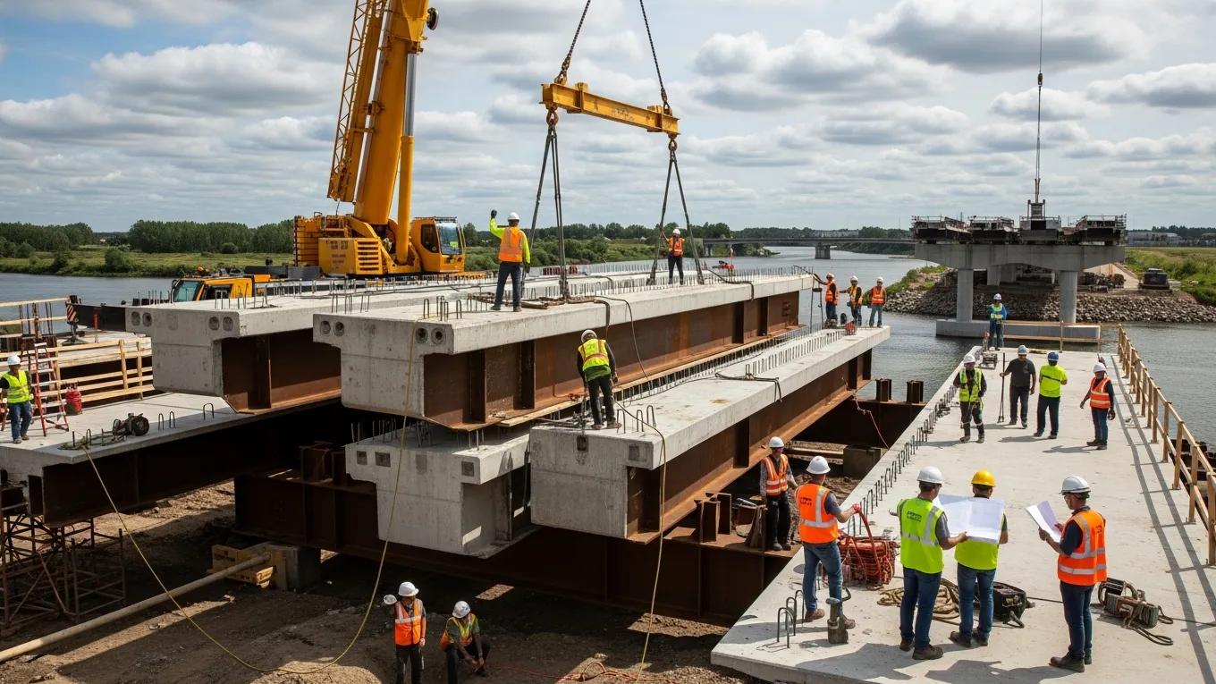 Assembly of a modular bridge system with construction workers and crane