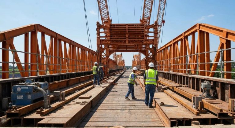 Construction workers on a temporary bridge installation, showcasing engineering and safety in project execution.