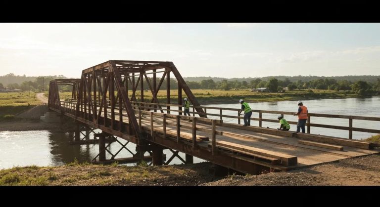 Temporary steel bridge with workers in safety vests performing maintenance near a river, highlighting practical applications of temporary bridge solutions.