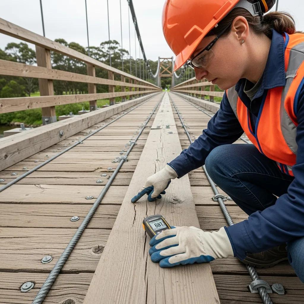 Bridge inspector examining stress-laminated timber for damage, highlighting inspection techniques