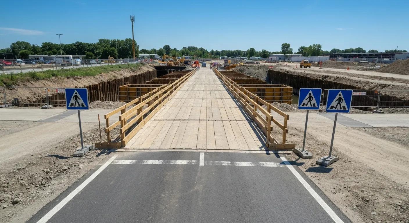 Construction site with wooden pedestrian bridge over excavation, safety signs indicating construction area and pedestrian access.