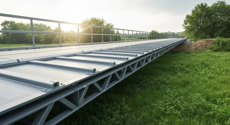 Temporary stress-laminated timber bridge over green landscape, showcasing innovative design for construction access and sustainability.