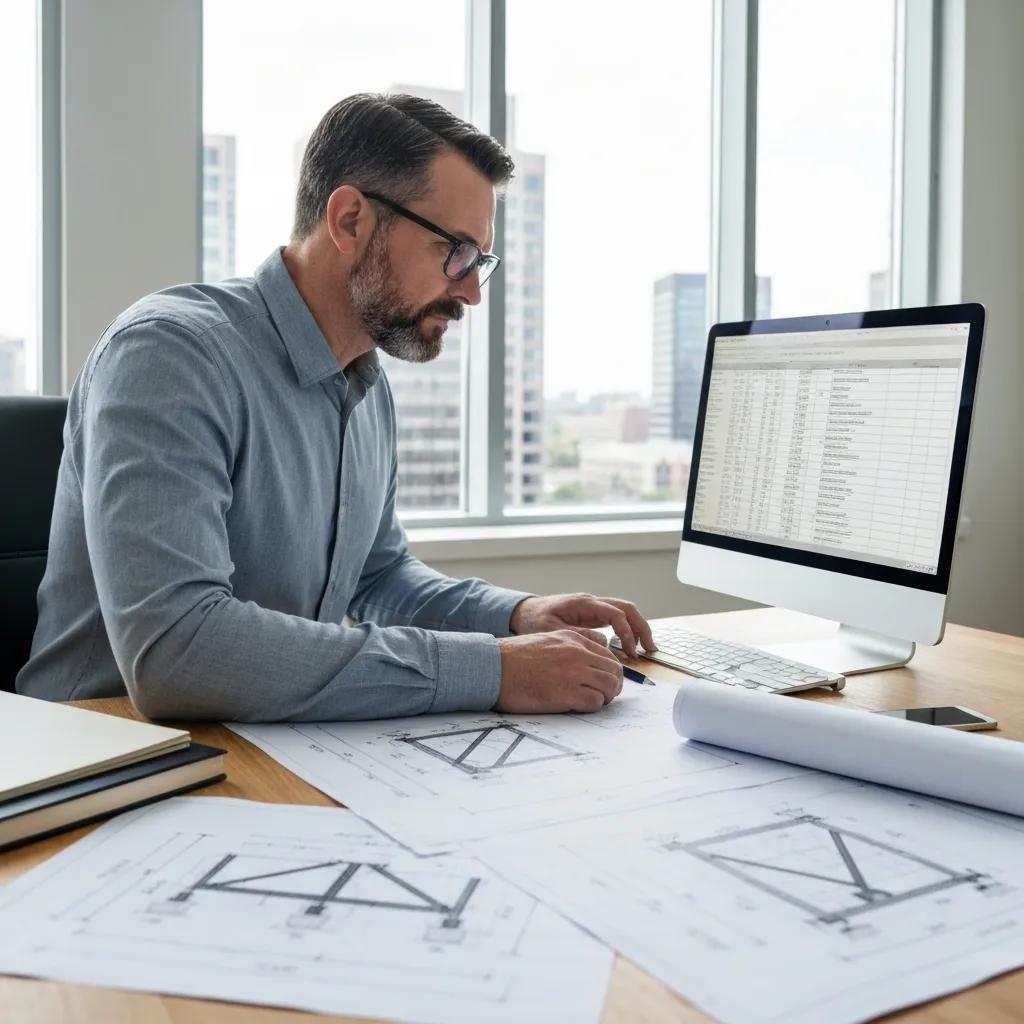 Civil engineer reviewing blueprints and load calculations for temporary bridge design at desk with computer and architectural plans.