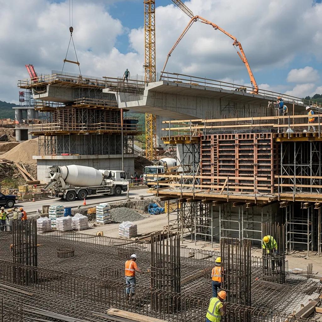 Concrete bridge under construction, highlighting materials and construction process