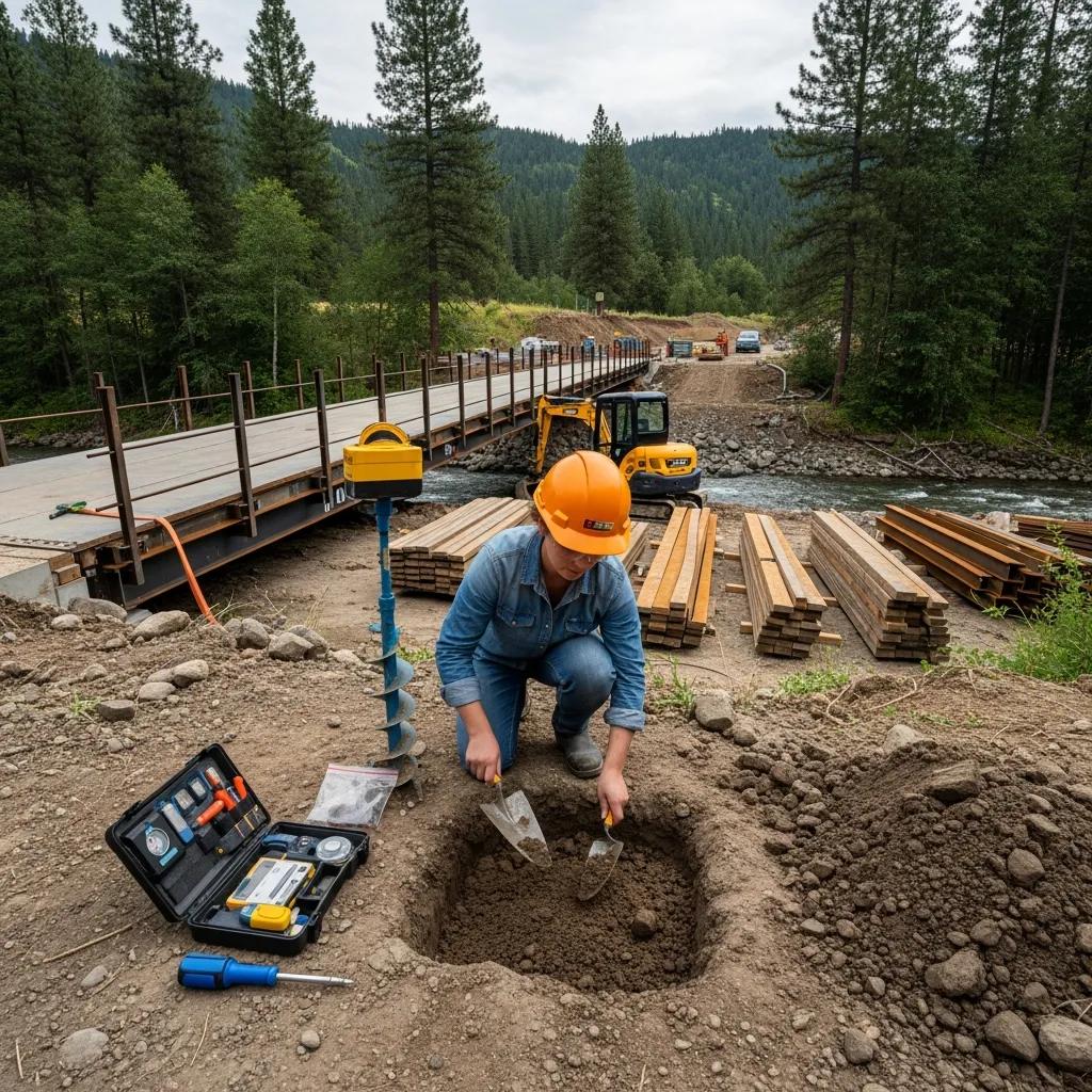 Construction engineer assessing site conditions for temporary bridge installation, using tools in a dig site with wooden beams and machinery in the background.