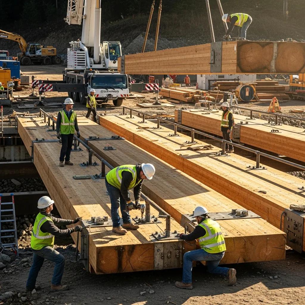 Construction site with workers assembling stress-laminated timber bridge components, showcasing modular timber sections and machinery for rapid deployment solutions.