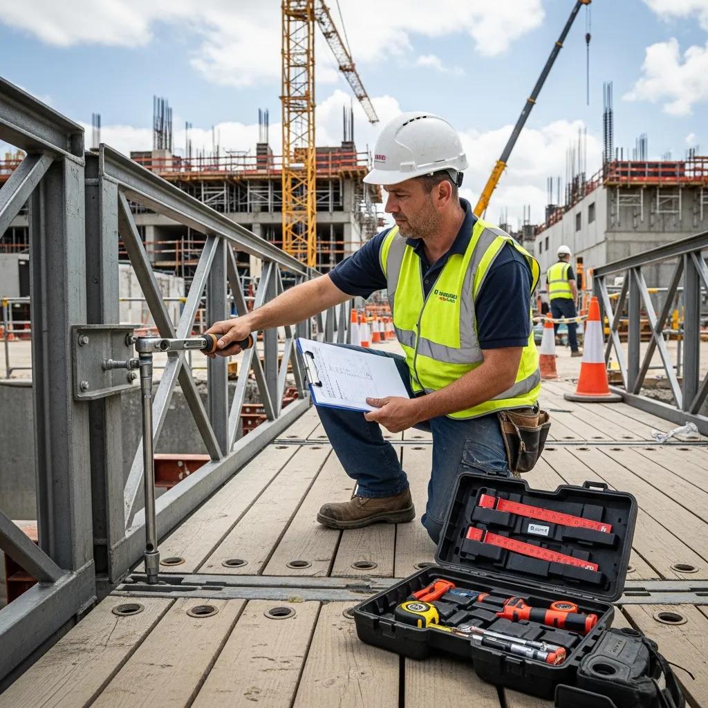 Construction worker inspecting temporary access bridge with tools and clipboard at construction site.