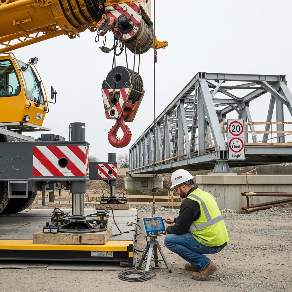 Construction worker measuring equipment weight with a digital display to ensure compliance with temporary bridge load capacity standards.